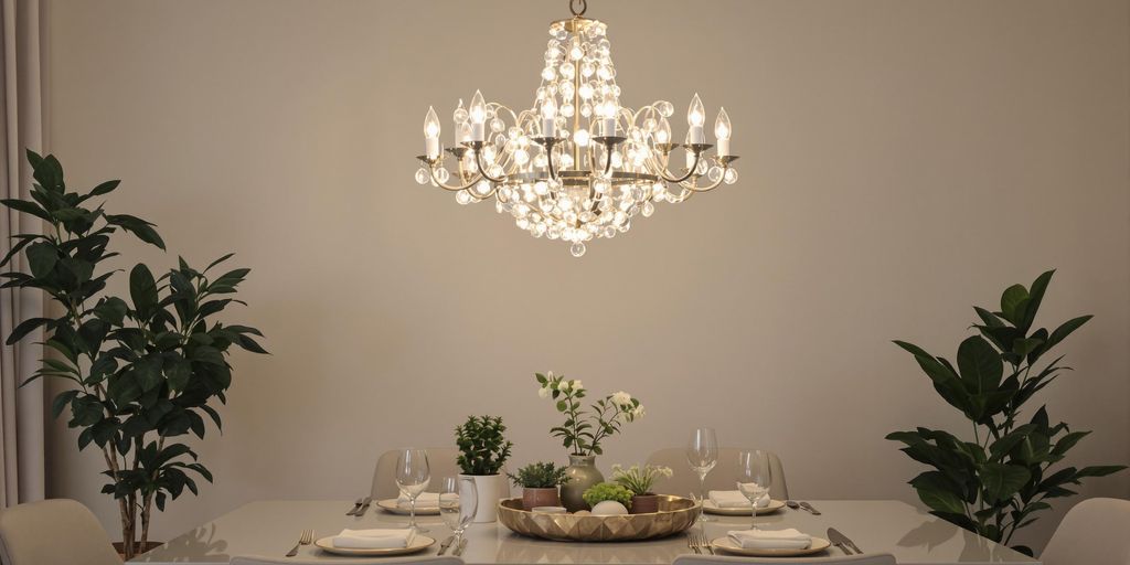 Elegant chandelier above a stylish dining table.