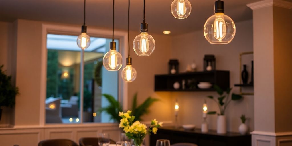 Stylish dimmable hanging lights over a dining table.