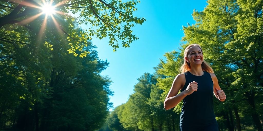 Person jogging on a sunny, scenic path.