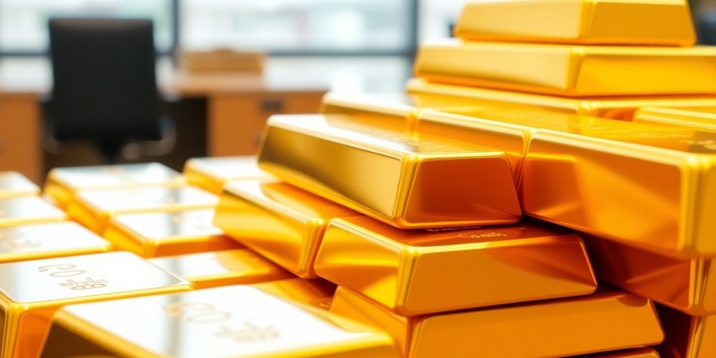 Lingots d'or empilés, sécurité financière.