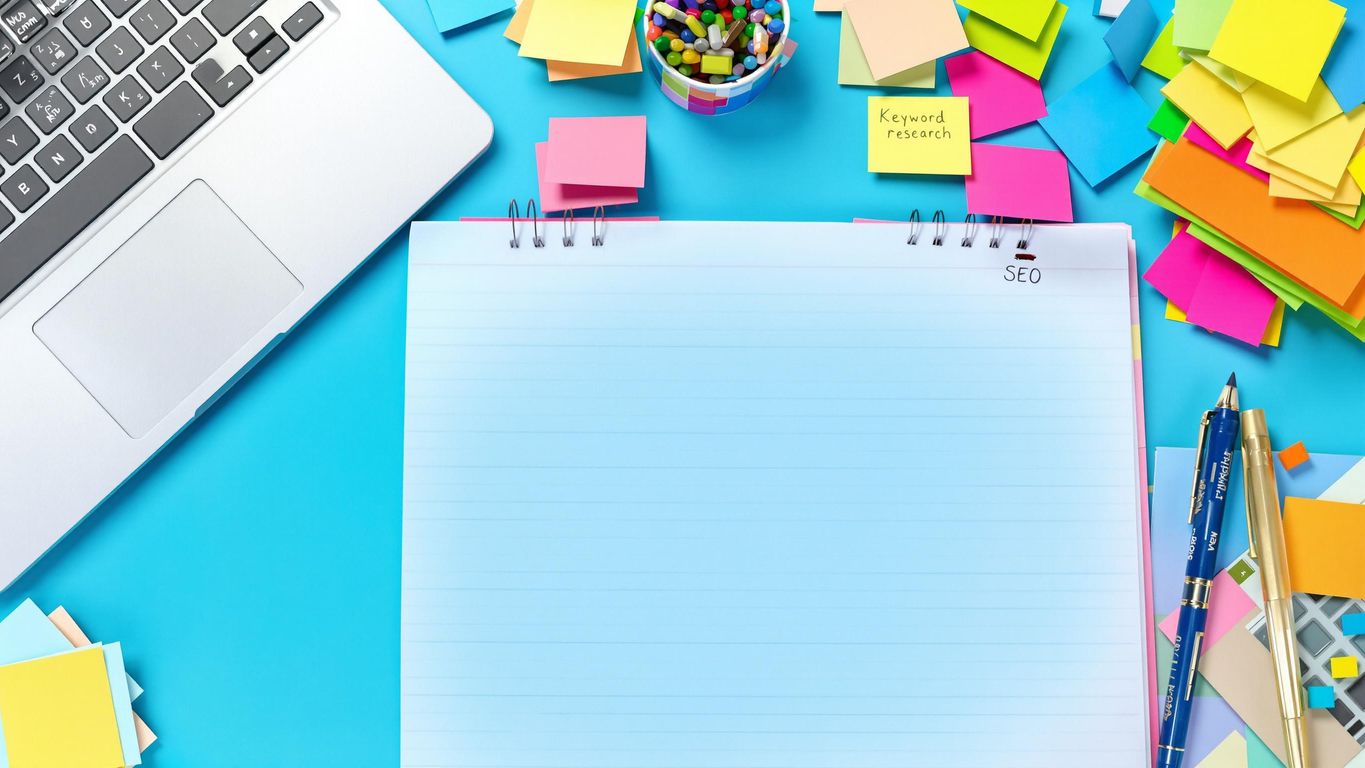 Fargerik arbeidsplass med laptop og notater.