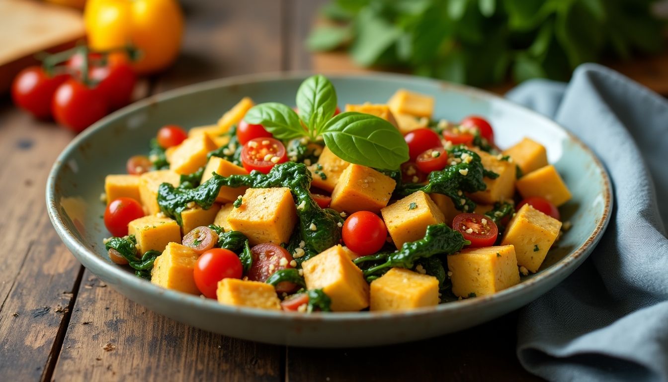 Tofu scramble with veggies on a rustic wooden table.