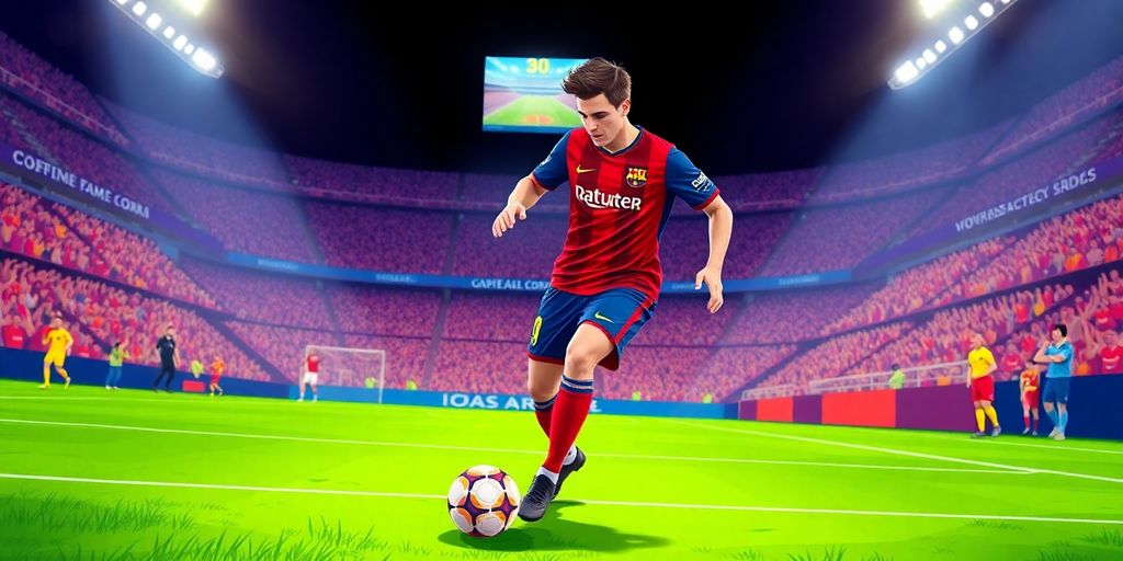 Barcelona player in 2025-2026 kit during a soccer match.