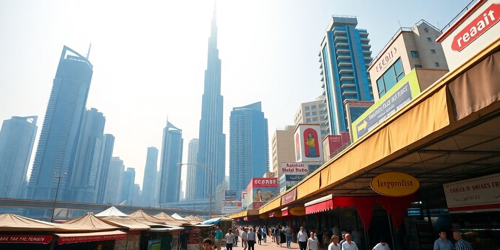 Dubai skyline with skyscrapers and busy market scenes.