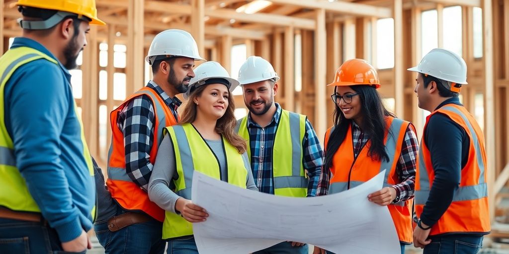 Construction crew at work on a building.