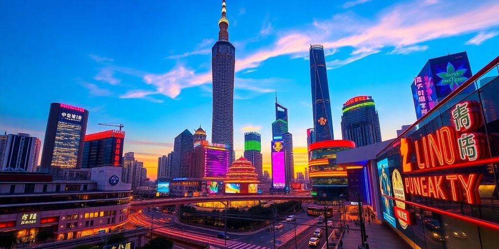Shanghai cityscape with skyscrapers at sunset.