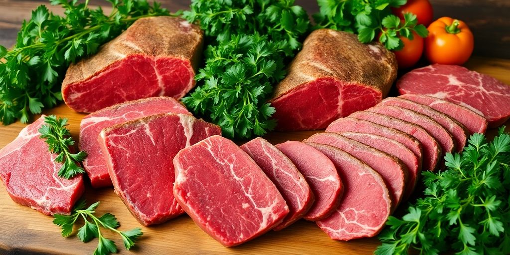 Fresh grass-fed beef cuts on a wooden table.