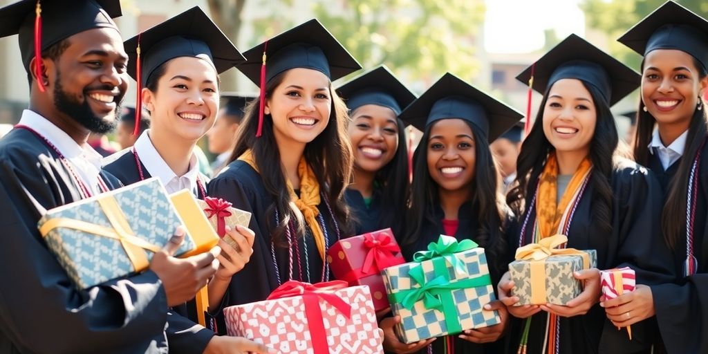 Friends celebrating graduation, exchanging gifts.