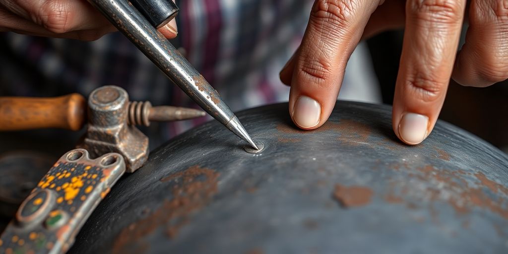 Craftsman repairing rusted metal with tools.
