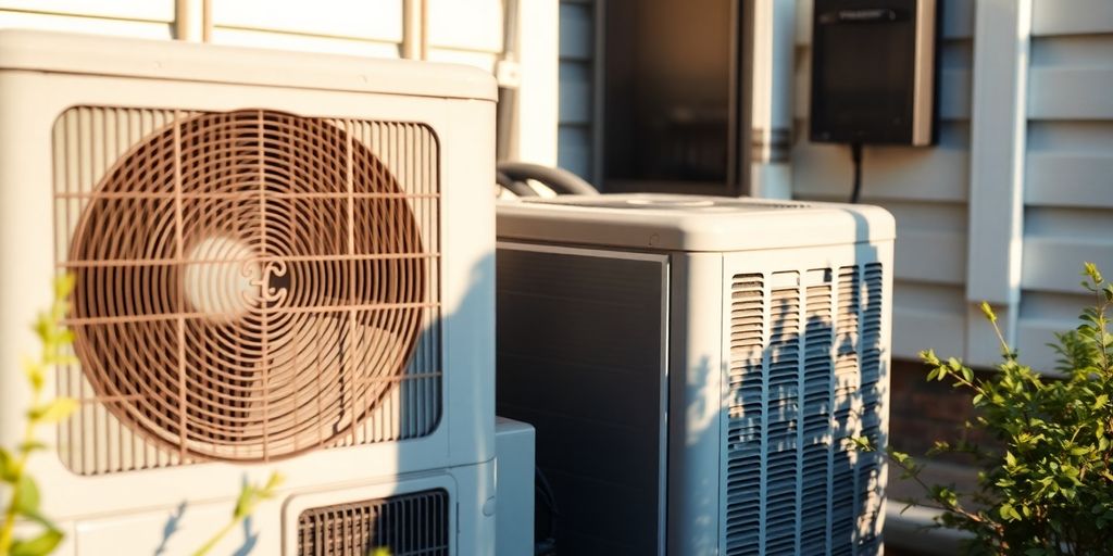 Close-up of a residential air conditioning unit.