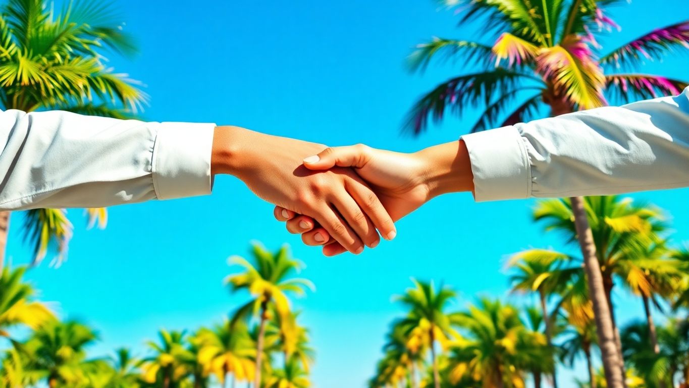 Two hands shaking amidst colorful palm trees.