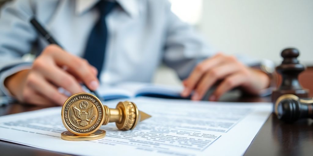 Professional translator with notary seal and documents.