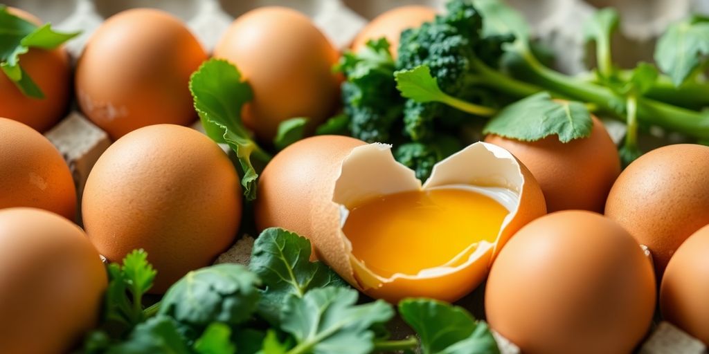Eggs in cartons, some cracked, with vegetables.