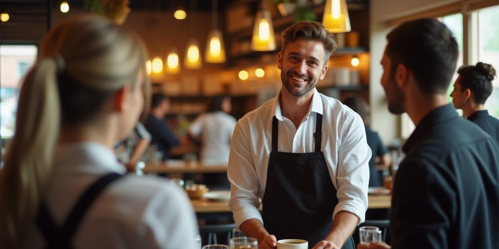 Een manager die met personeel communiceert in een restaurant.