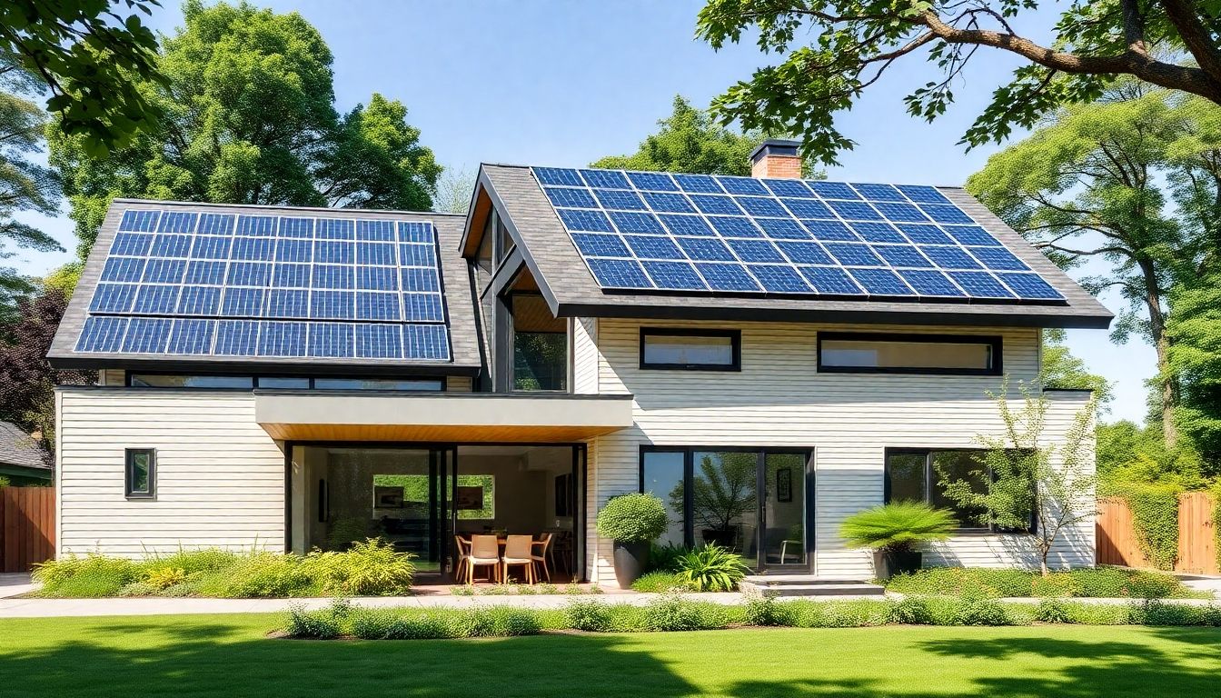 Modern home with solar panels and energy-efficient windows.