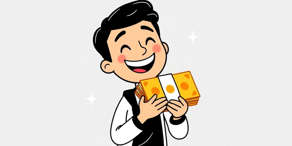 Cartoon person happily holding money.