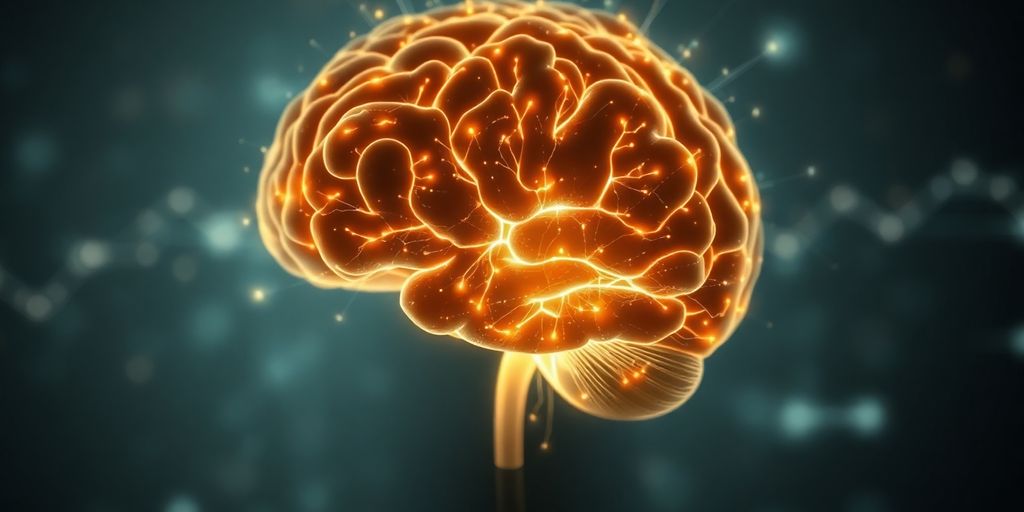 A brain with circuits glowing amidst data streams.