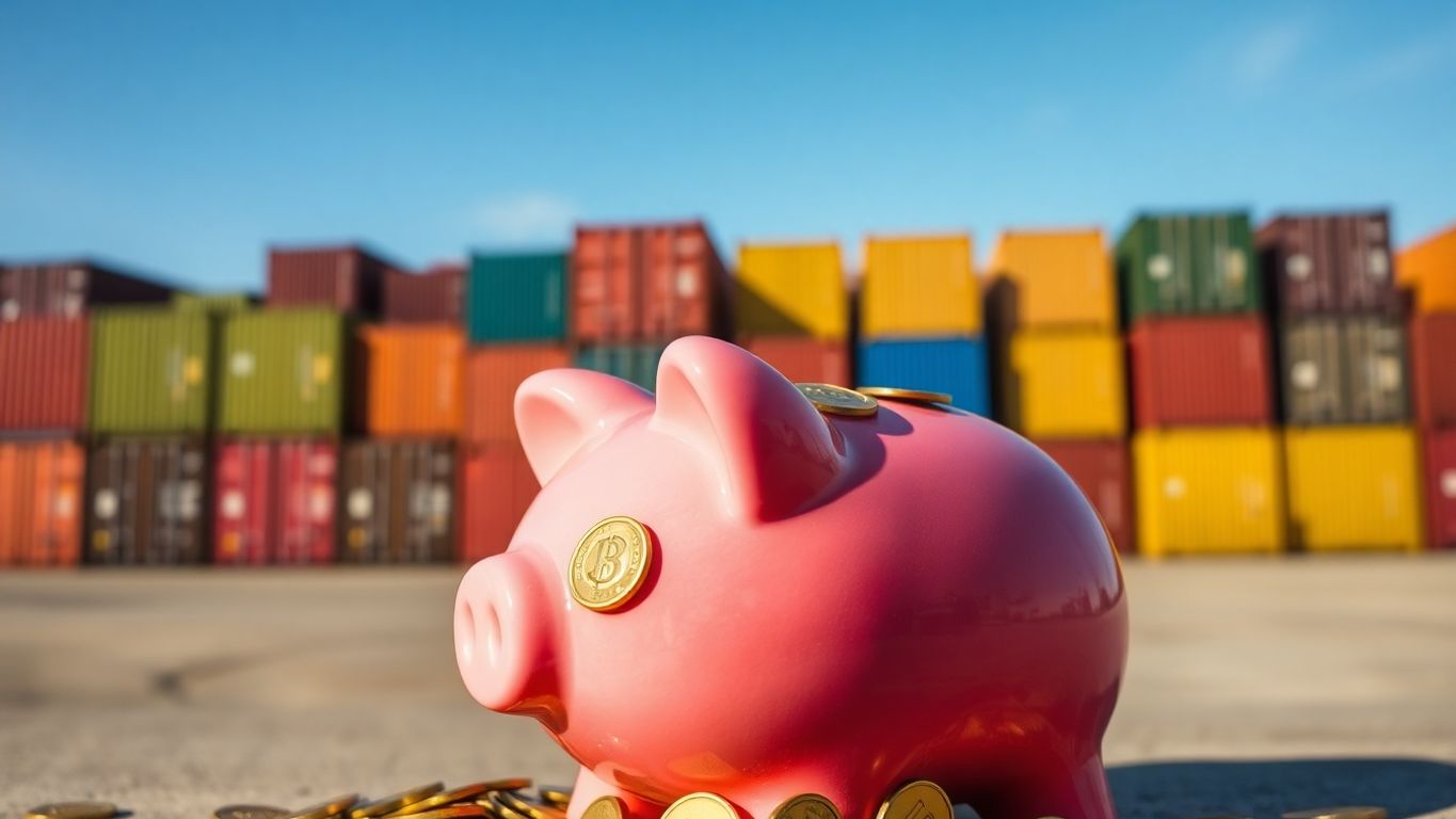 Piggy bank, coins, and shipping containers