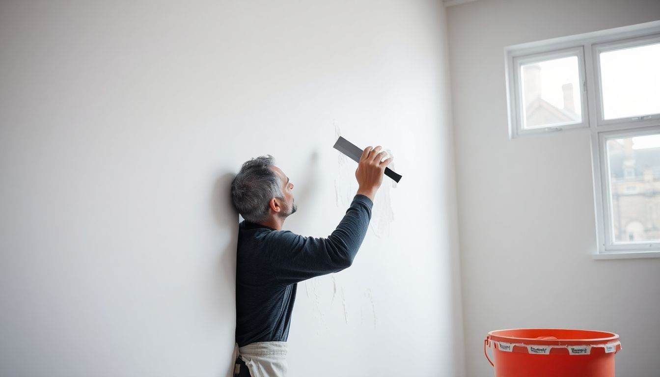 Plasterer working on a wall in a London home.