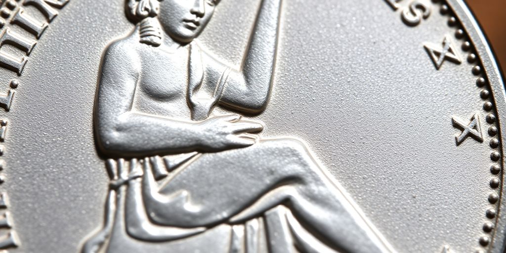 Pièce de 5 francs Semeuse en argent, gros plan.