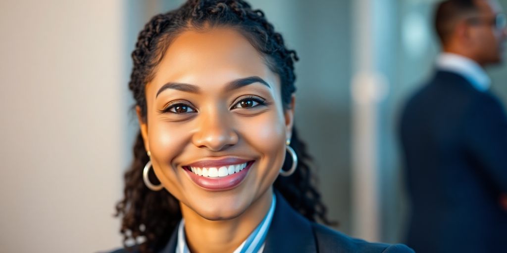Professional CRM manager smiling confidently.
