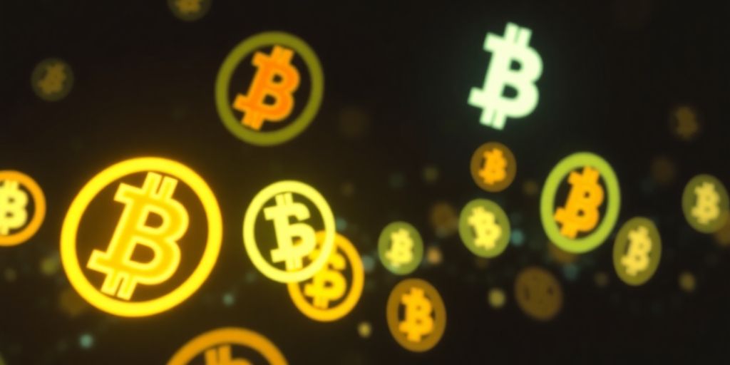 Digital currency symbols floating.