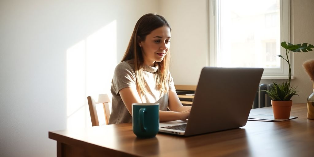 Young woman typing on laptop at home desk for survey