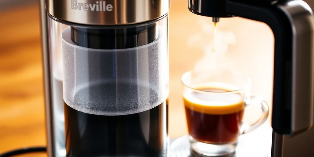 Breville coffee maker with filter and cup of coffee.