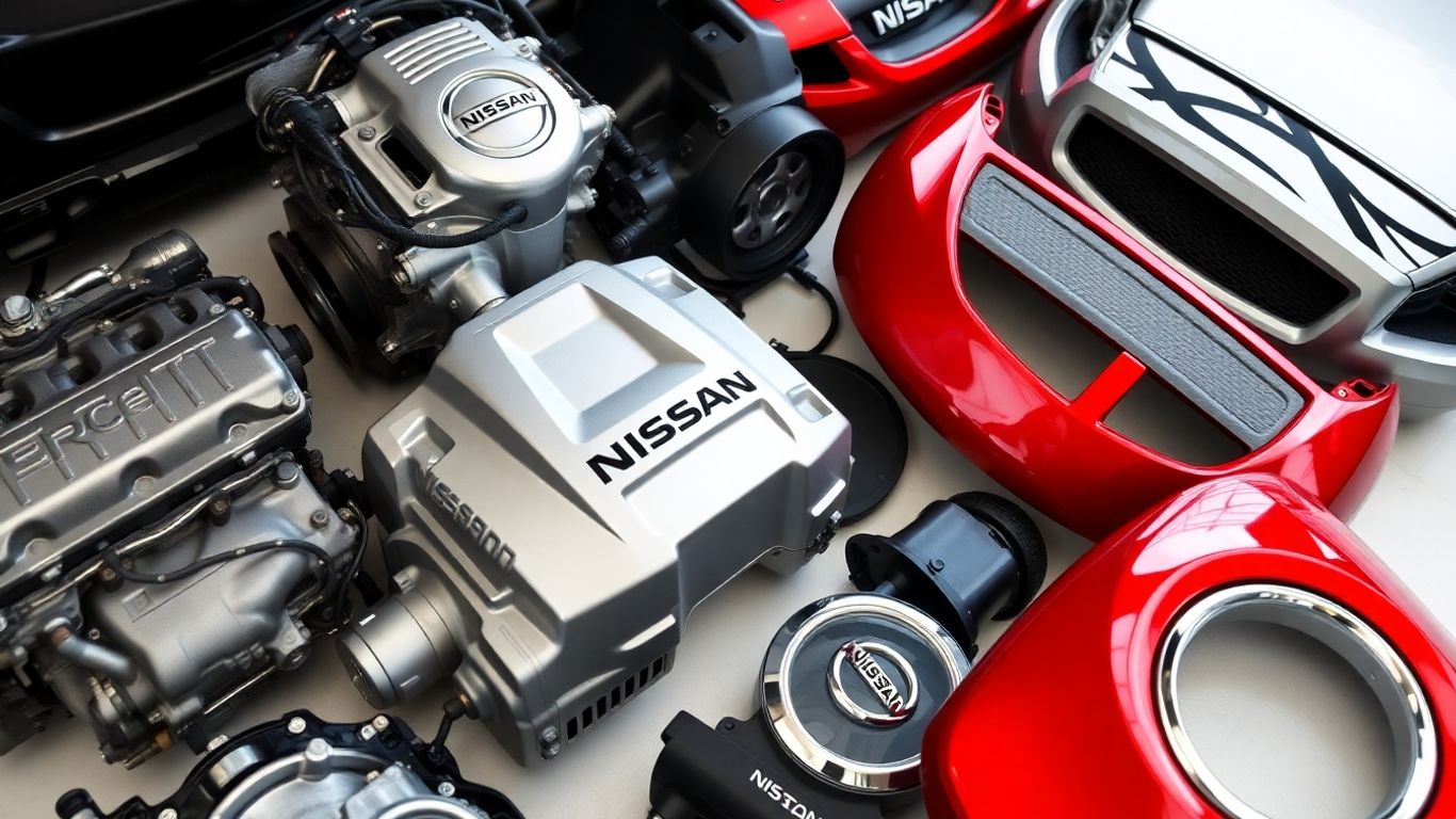 Nissan car parts arranged neatly, showing variety and quality.