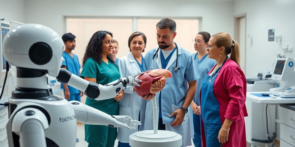 Healthcare team examines 3D organ model beside robotic medical device.
