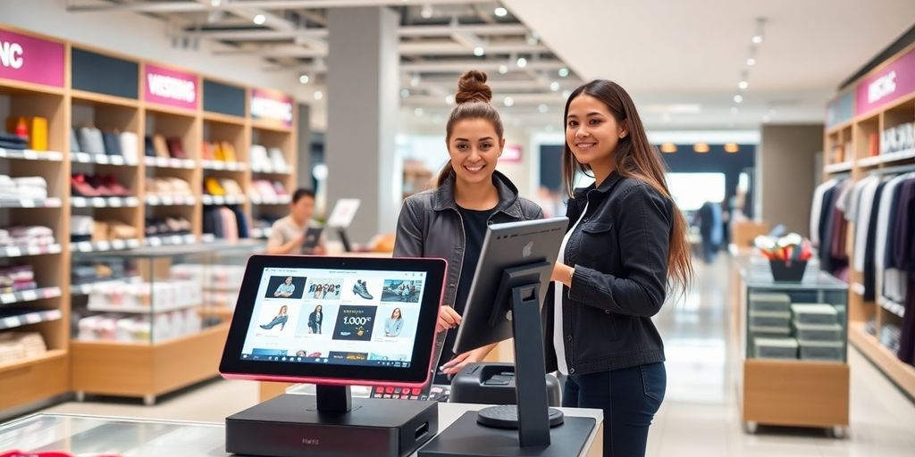 Modern WooCommerce POS system in retail environment with customer.