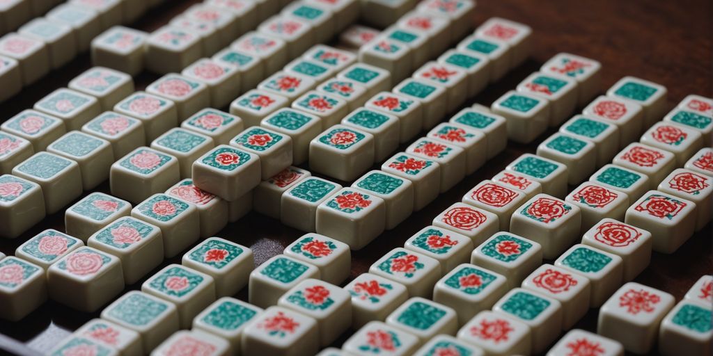 Mahjong tiles with various symbols neatly arranged in rows.