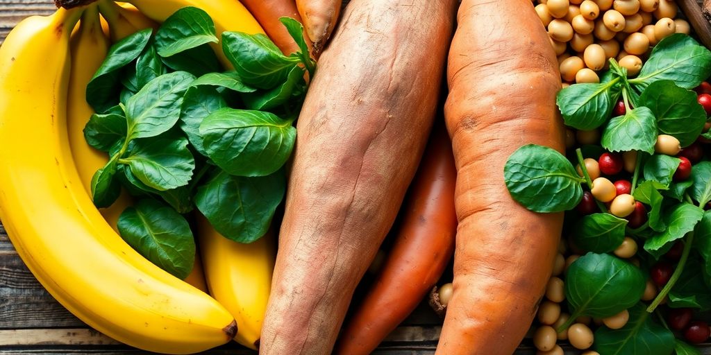 Vibrant potassium-rich foods like bananas and spinach.