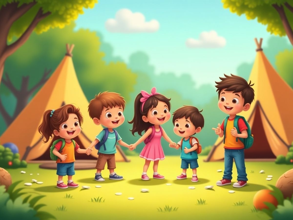 Copii jucându-se și învățând în tabără.