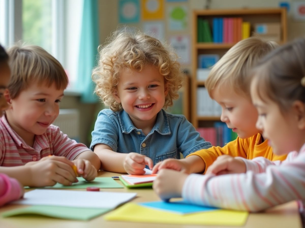 Copii zâmbind în clasă, implicati în învățare activă.