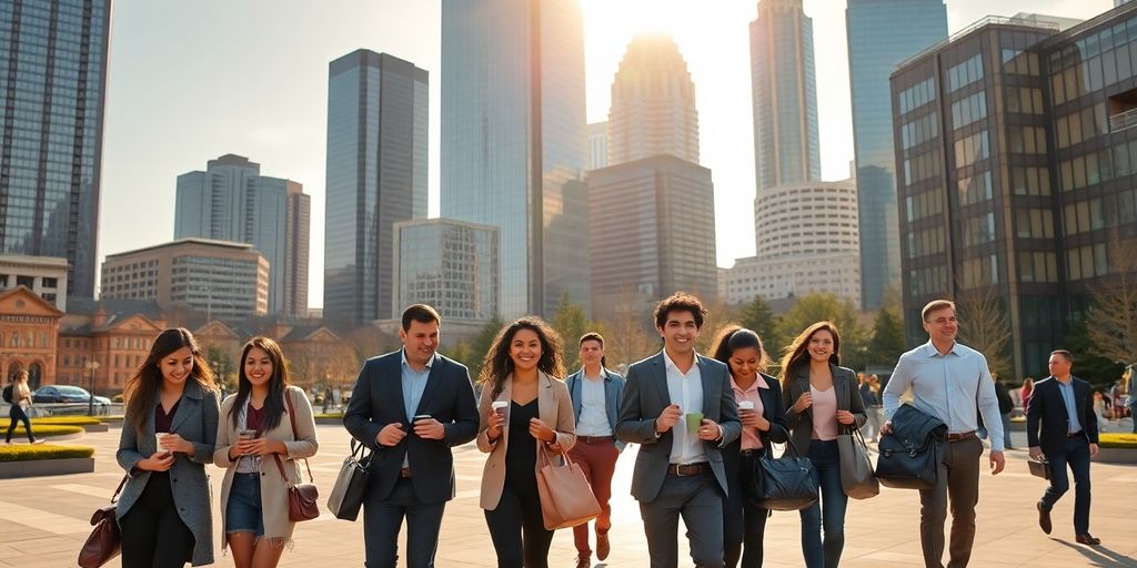 Diverse professionals walking near Atlanta skyscrapers at sunrise carrying briefcases
