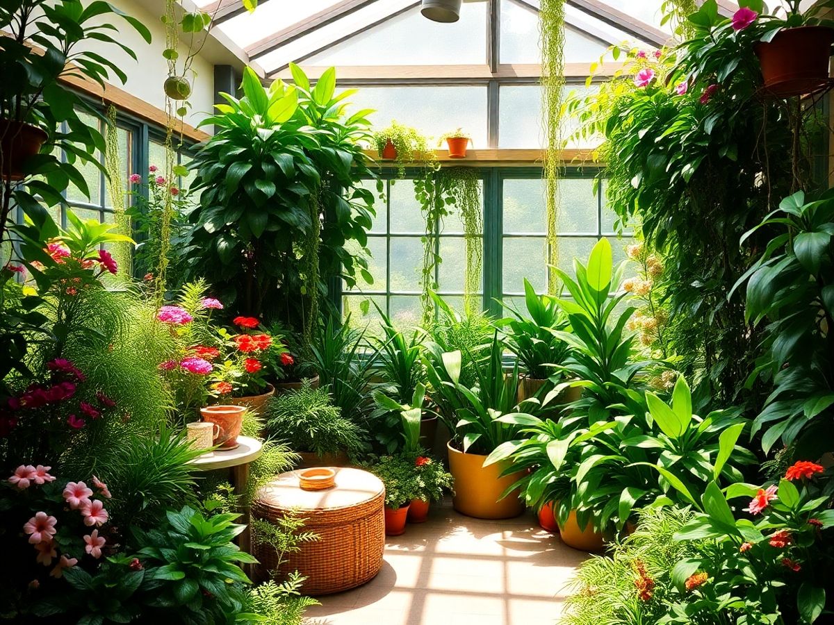 Un interior plin de plante verzi și flori colorate.