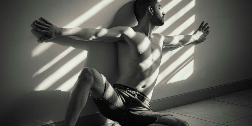 a shirtless man sitting on the floor in front of a wall
