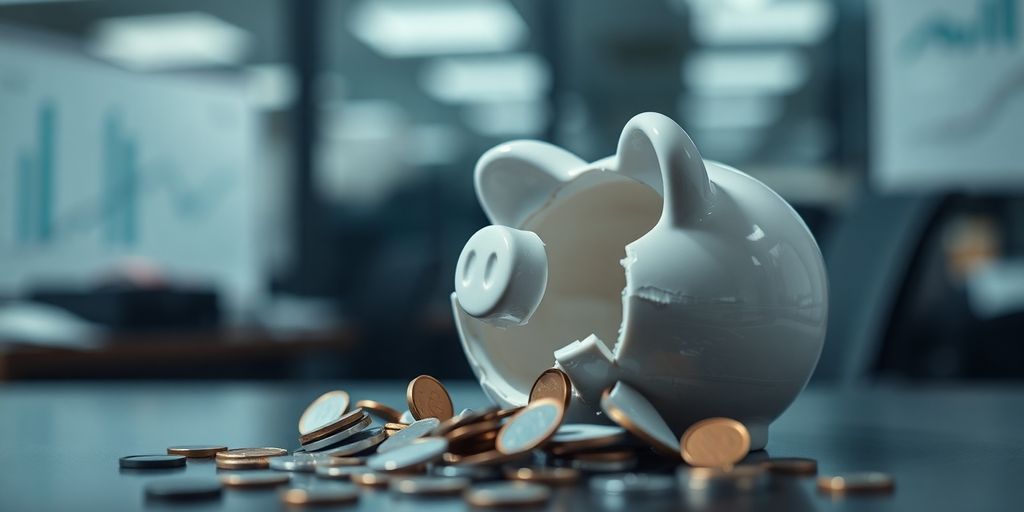 Cracked piggy bank, coins spilling out