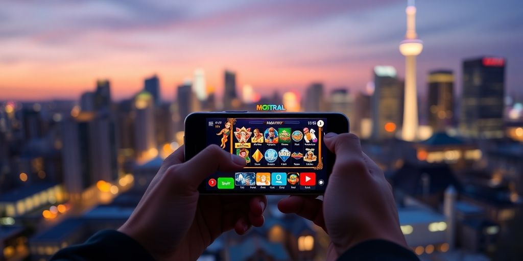 Personne jouant au casino en ligne sur mobile à Montréal.