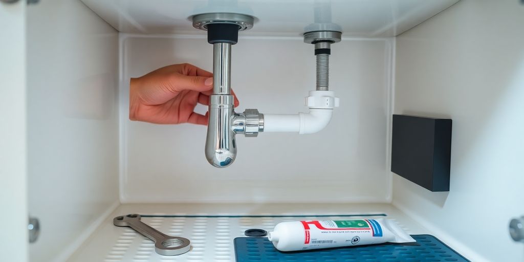 Installing kitchen faucet and drain.