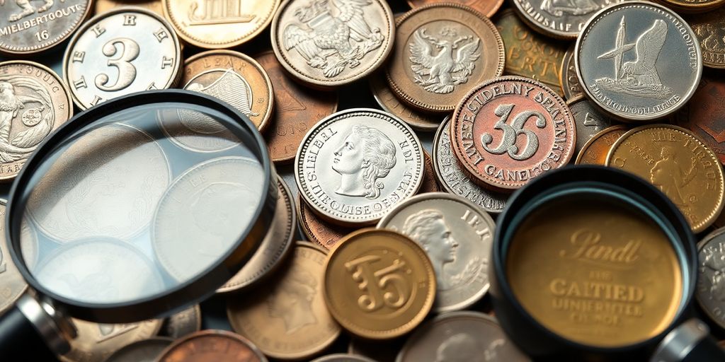 Close-up of various coins and magnifying glass.