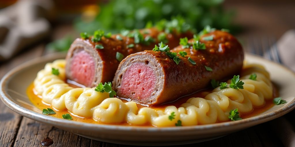 Rinderroulade mit Thüringer Klößen auf einem Teller.
