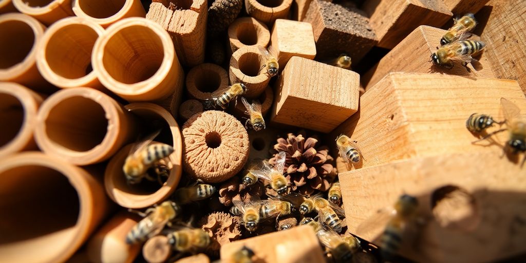 Nahaufnahme Insektenhotel mit Bienen