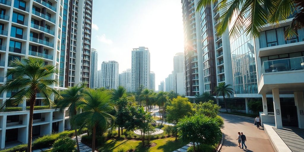 Modern high-rise residential buildings, green spaces