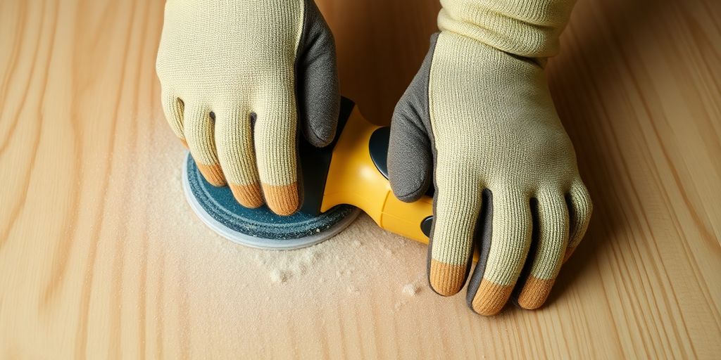 Sanding polyurethane wood paneling.