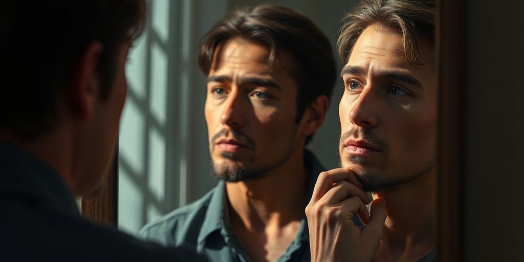 Person looking in a mirror, creating a self-portrait.
