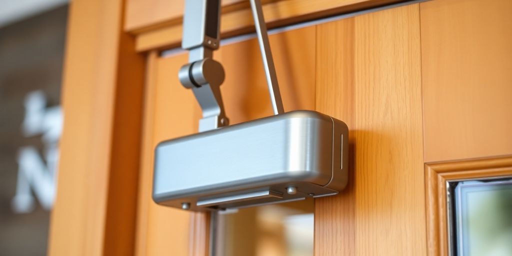 Photograph of a storm door closer on a door.