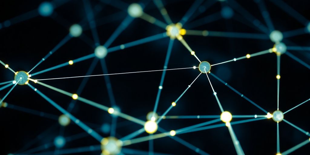 Close-up of a digital blockchain network with glowing nodes.