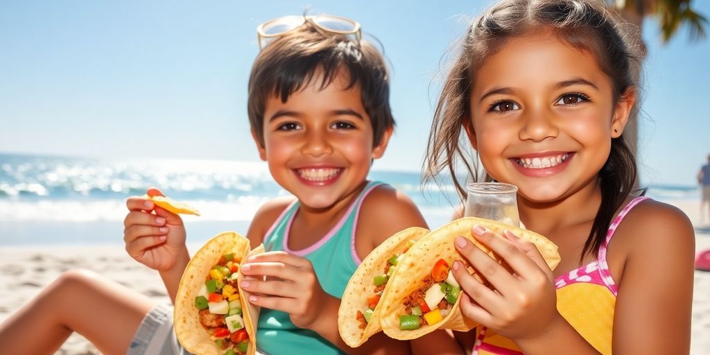 Kids eating tacos on a beach.